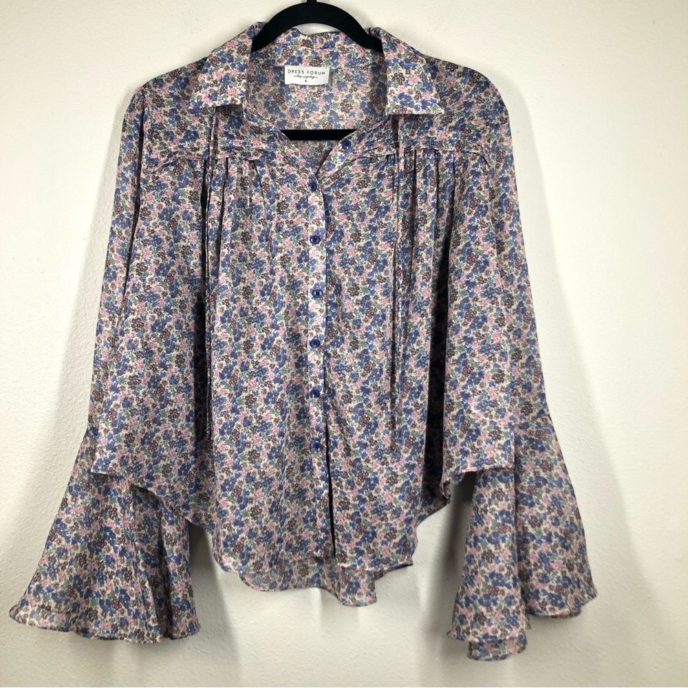 Dress Forum Boho Floral Bell Sleeve Top Peasant Cottage Core Size Small